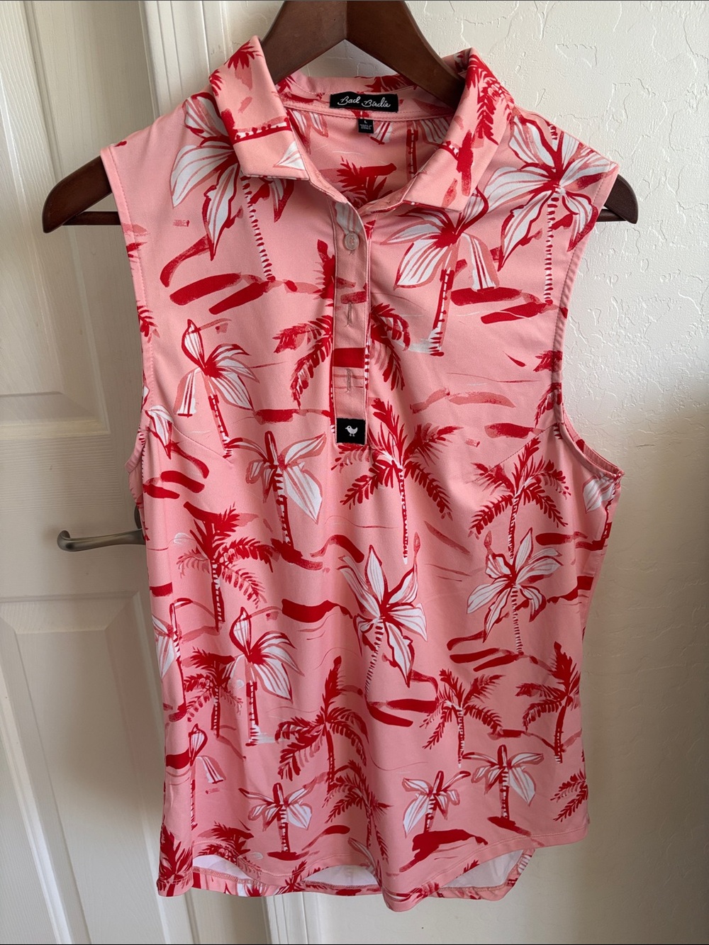 Bad Birdie Pink and Red Tropical Sleeveless Polo Top Large